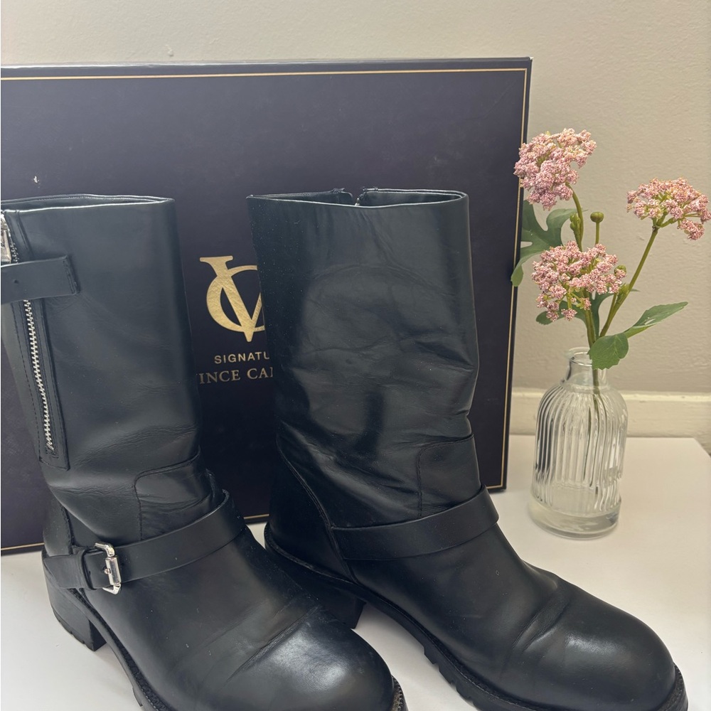 Vince Camuto Black Leather Women's Moto Combat Boots